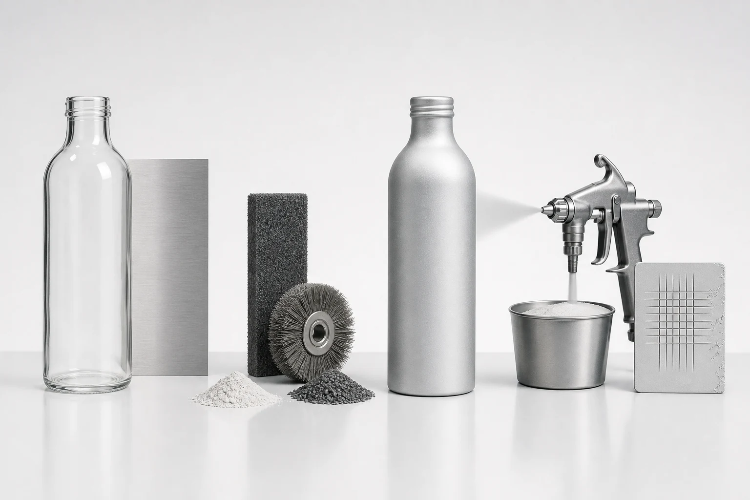 A clean technical visualization of glass and metal bottle surfaces moving through preparation, coating, and adhesion testing