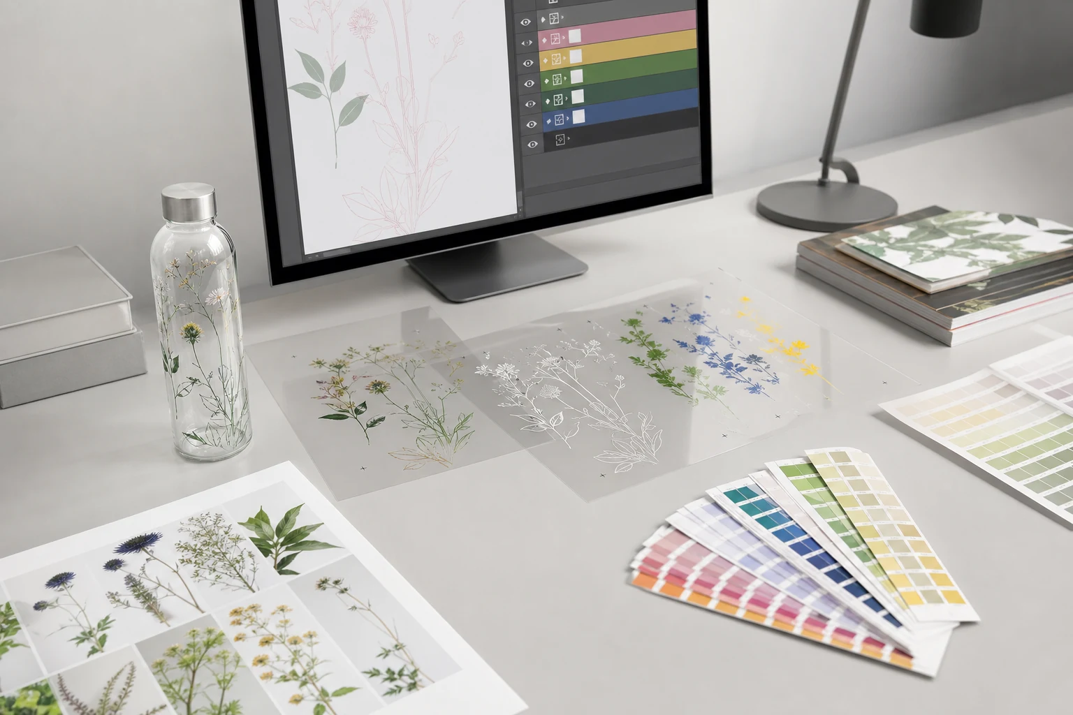 A clean prepress workspace showing vector artwork, photographic layers, spot colors, and a curved bottle proof