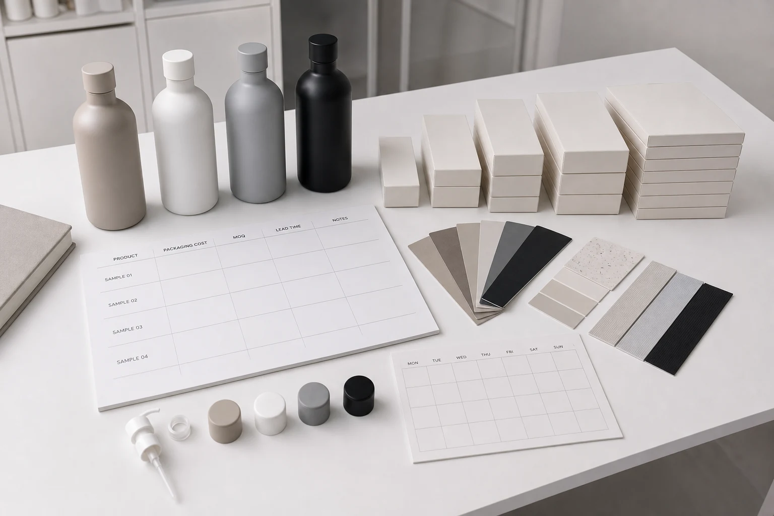 A premium packaging planning table with coated bottle samples, color standards, production notes, and quantity blocks