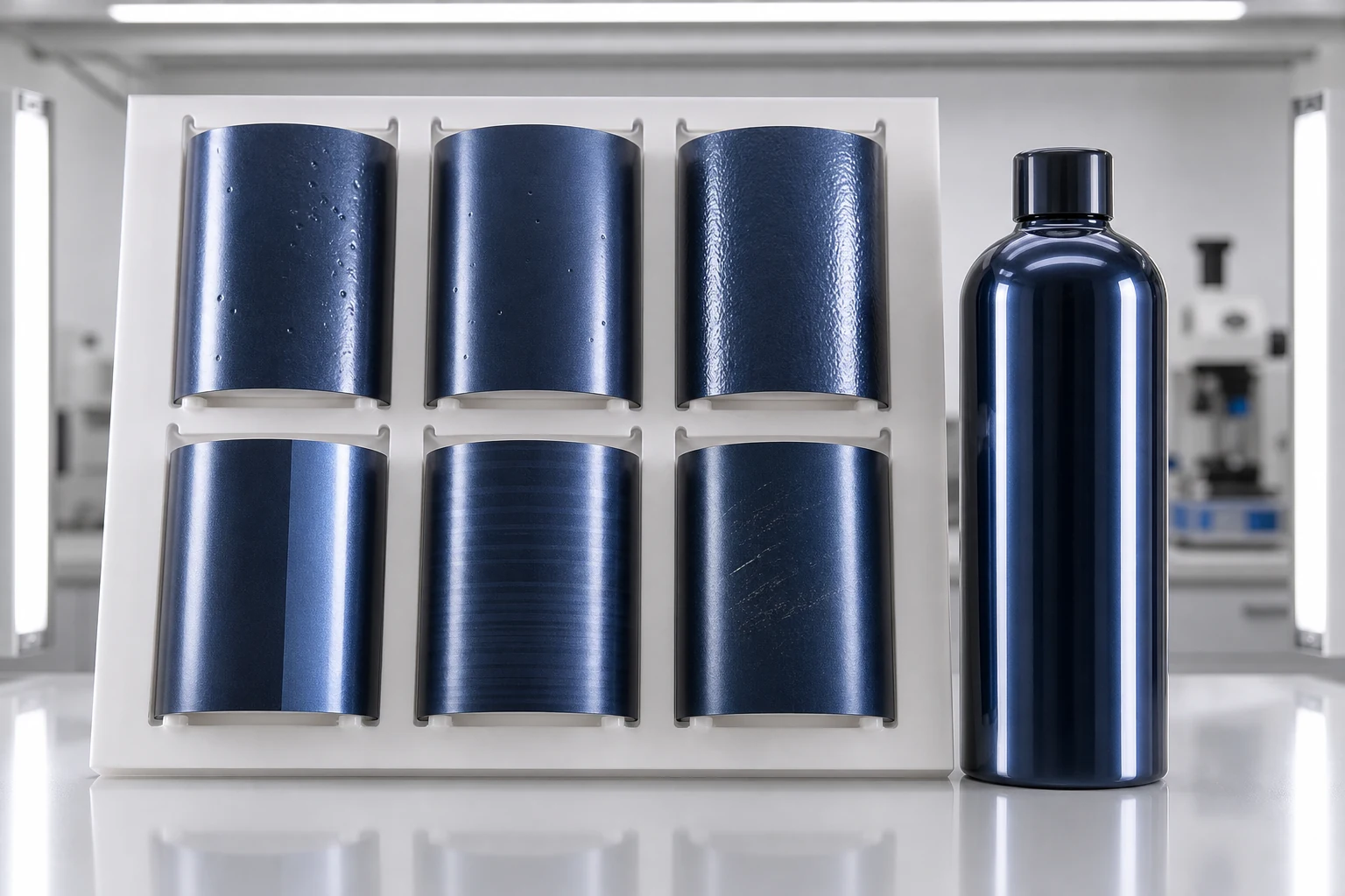 A visual quality-control board showing coated bottle samples with controlled defect examples and inspection lighting