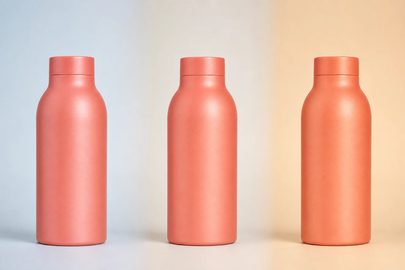 The same coated bottle viewed under daylight, retail, and warm interior lighting