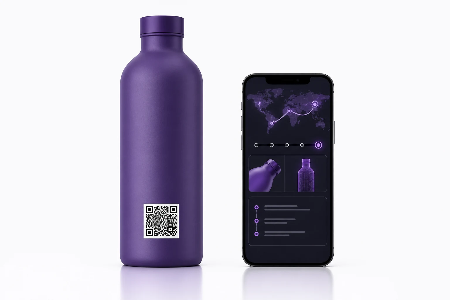 A premium directly decorated bottle with a clean QR code connecting to a mobile product experience