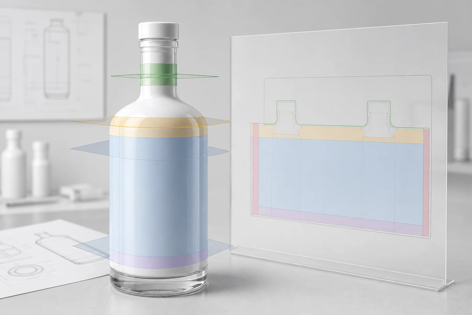 A technical bottle visualization showing the printable body, shoulder limit, neck restriction, and hidden rear guard