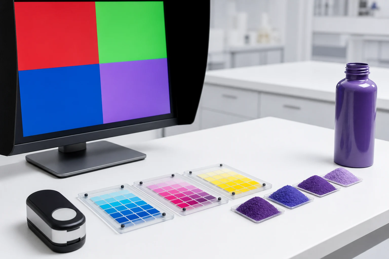 Digital RGB and CMYK color fields resolving into a small set of physical RAL-style powder samples