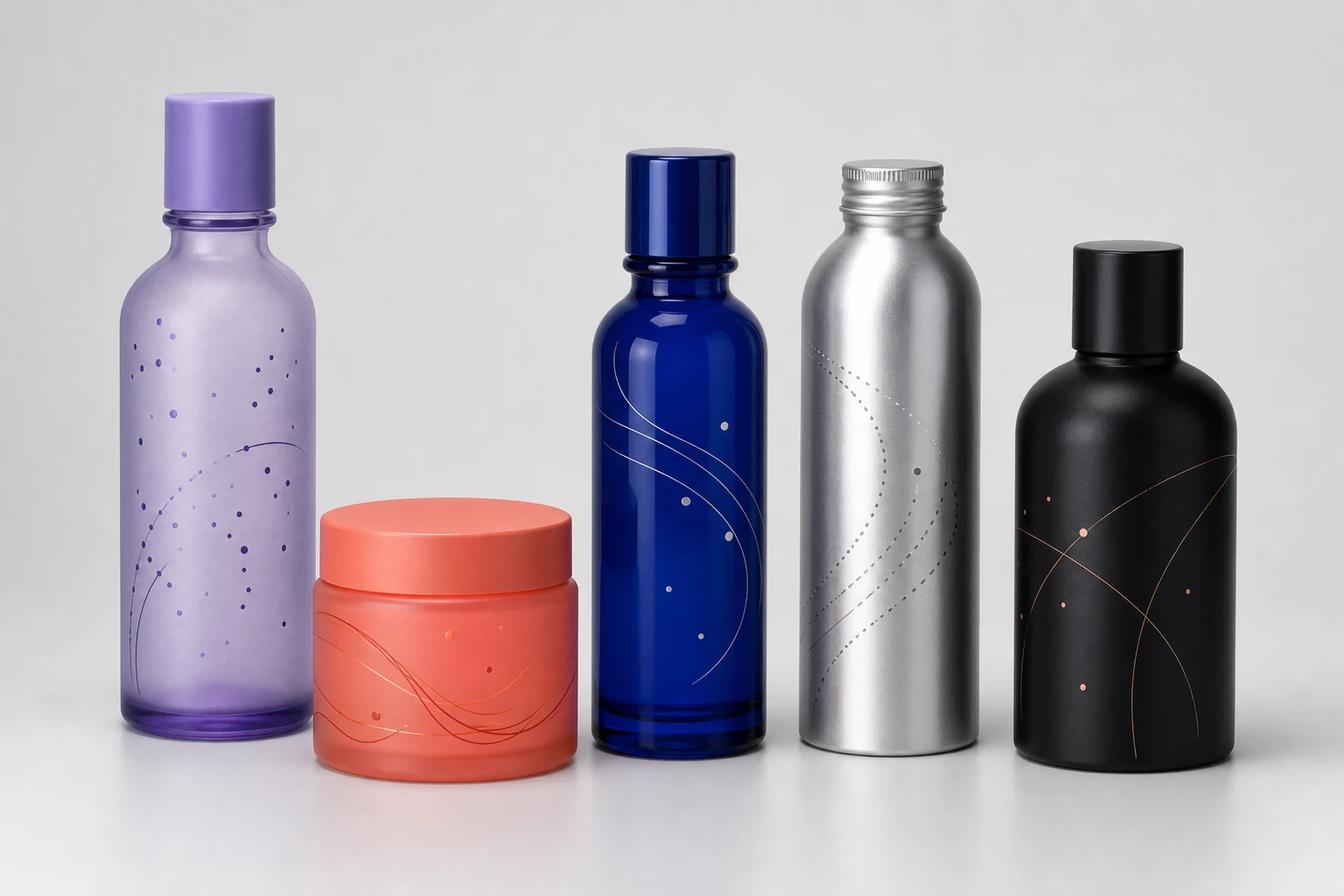A curated collection of colorful directly decorated glass and metal packages
