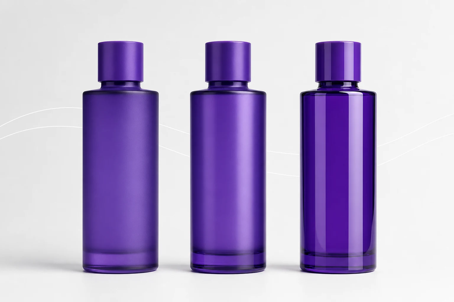 Three identical bottles demonstrating matte, satin, and gloss surface reflections