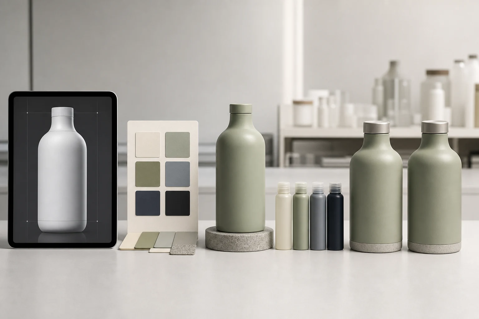 A premium bottle project progressing from digital concept through color sample, decorated prototype, testing, and approved production standard