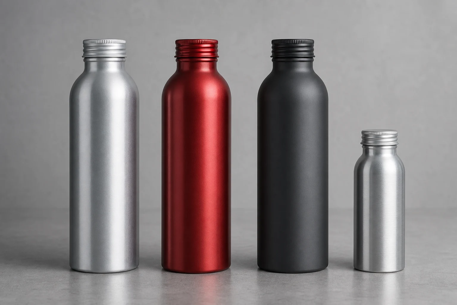 Premium aluminum bottles with matte, metallic, and high-gloss powder-coated finishes