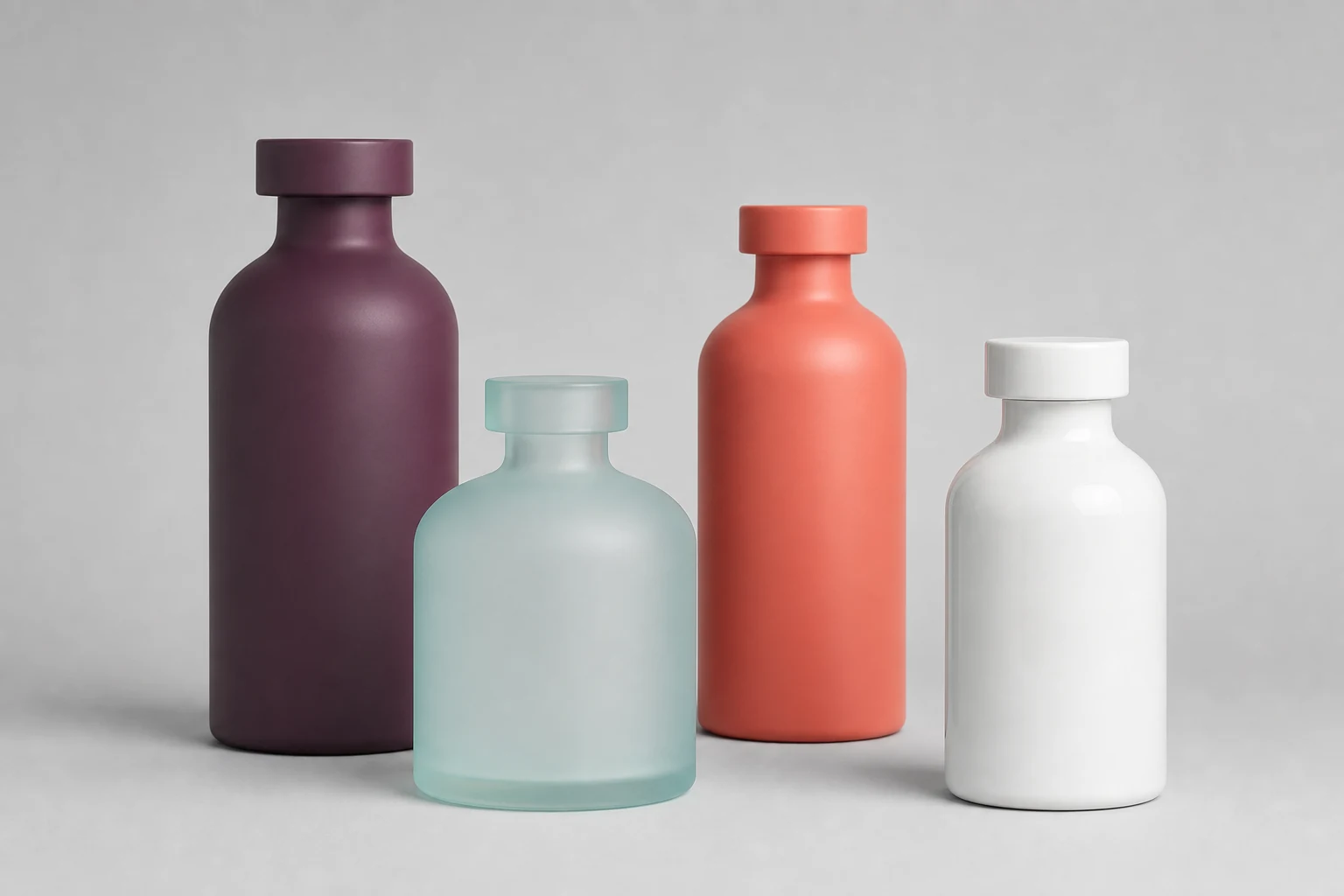 Colorful powder-coated glass bottles and jars showing matte, gloss, and frost finishes