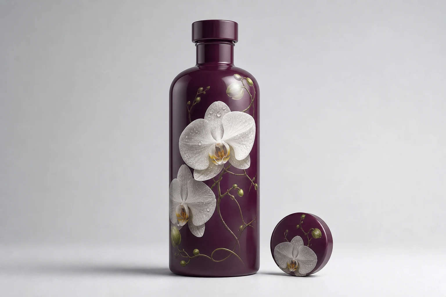 A premium bottle with highly detailed photographic botanical artwork printed directly over a colored powder background