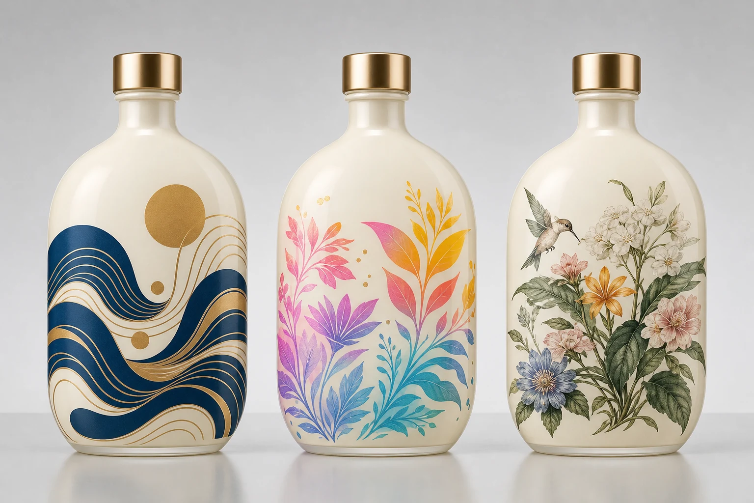 Three matching bottles comparing screen print, UV print, and photorealistic powder print