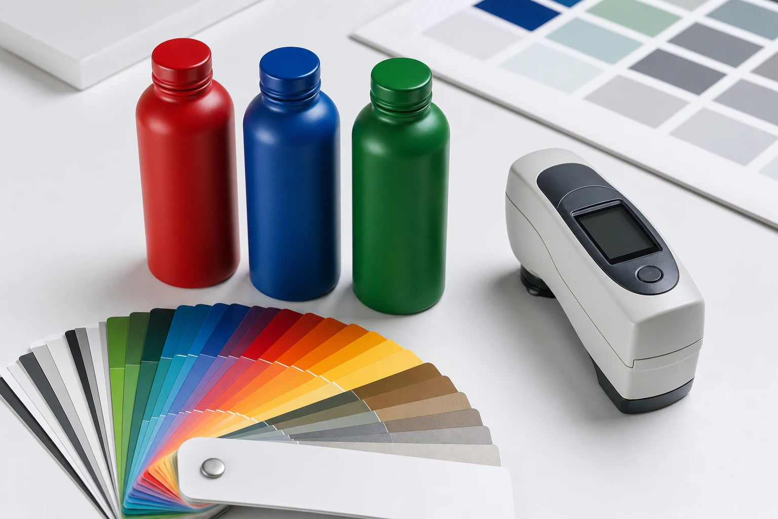 A refined arrangement of RAL-style color samples beside coated glass and metal bottles