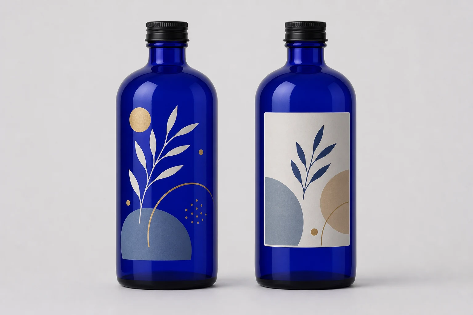 Two bottles comparing floating direct screen print with a conventional pressure-sensitive label