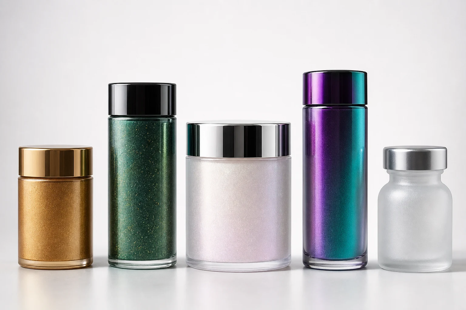Five premium bottles showing metallic, fine flake, pearlescent, prismatic, and frosted effects