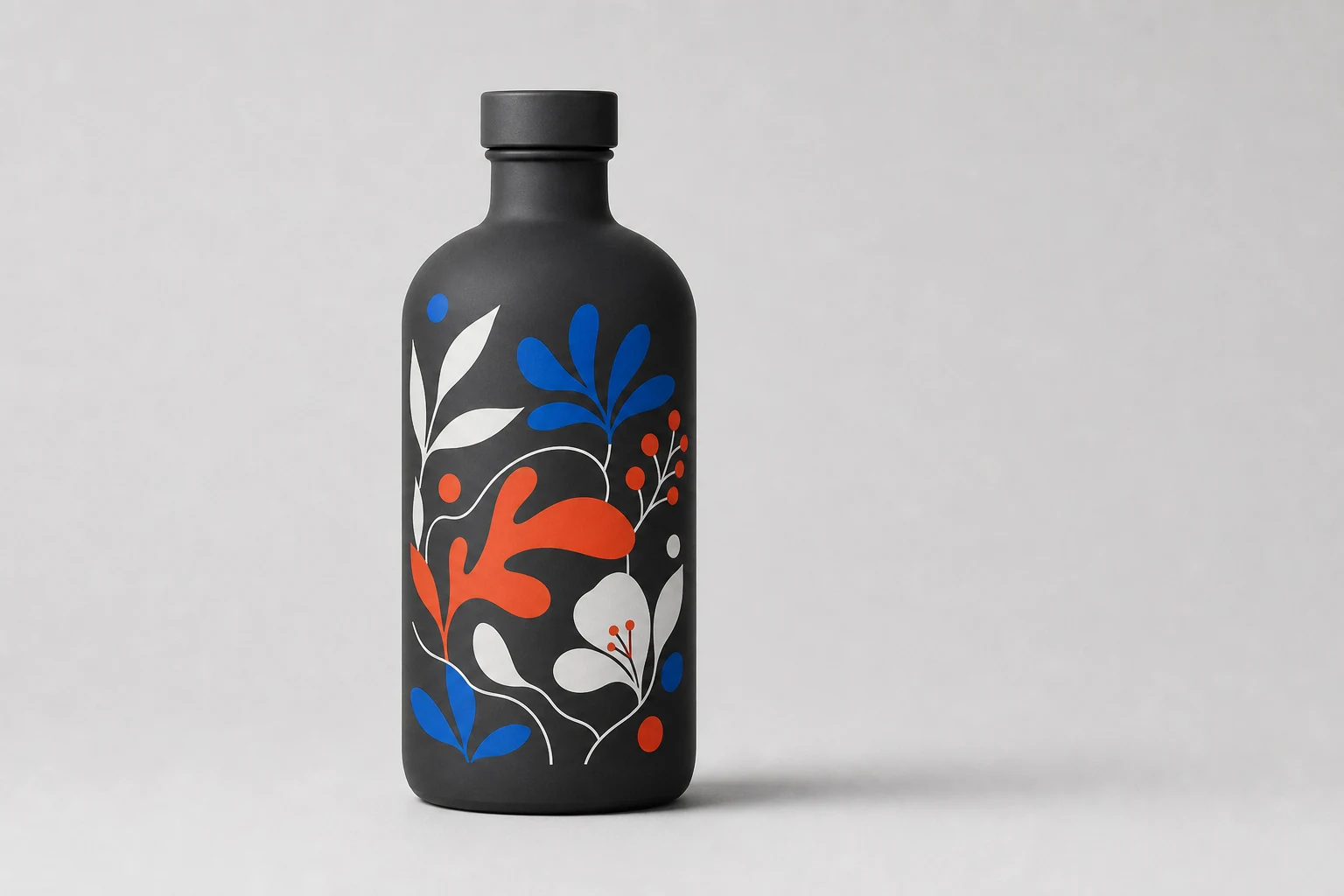A glass bottle with three floating screen-printed spot colors over a deep powder-coated background