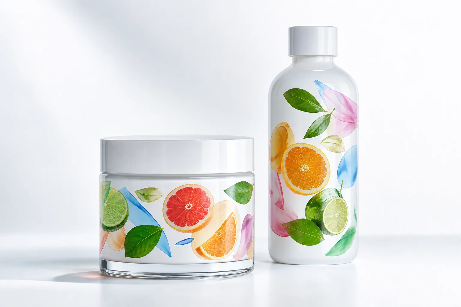A glass jar with vivid floating full-color UV artwork wrapping around its coated surface