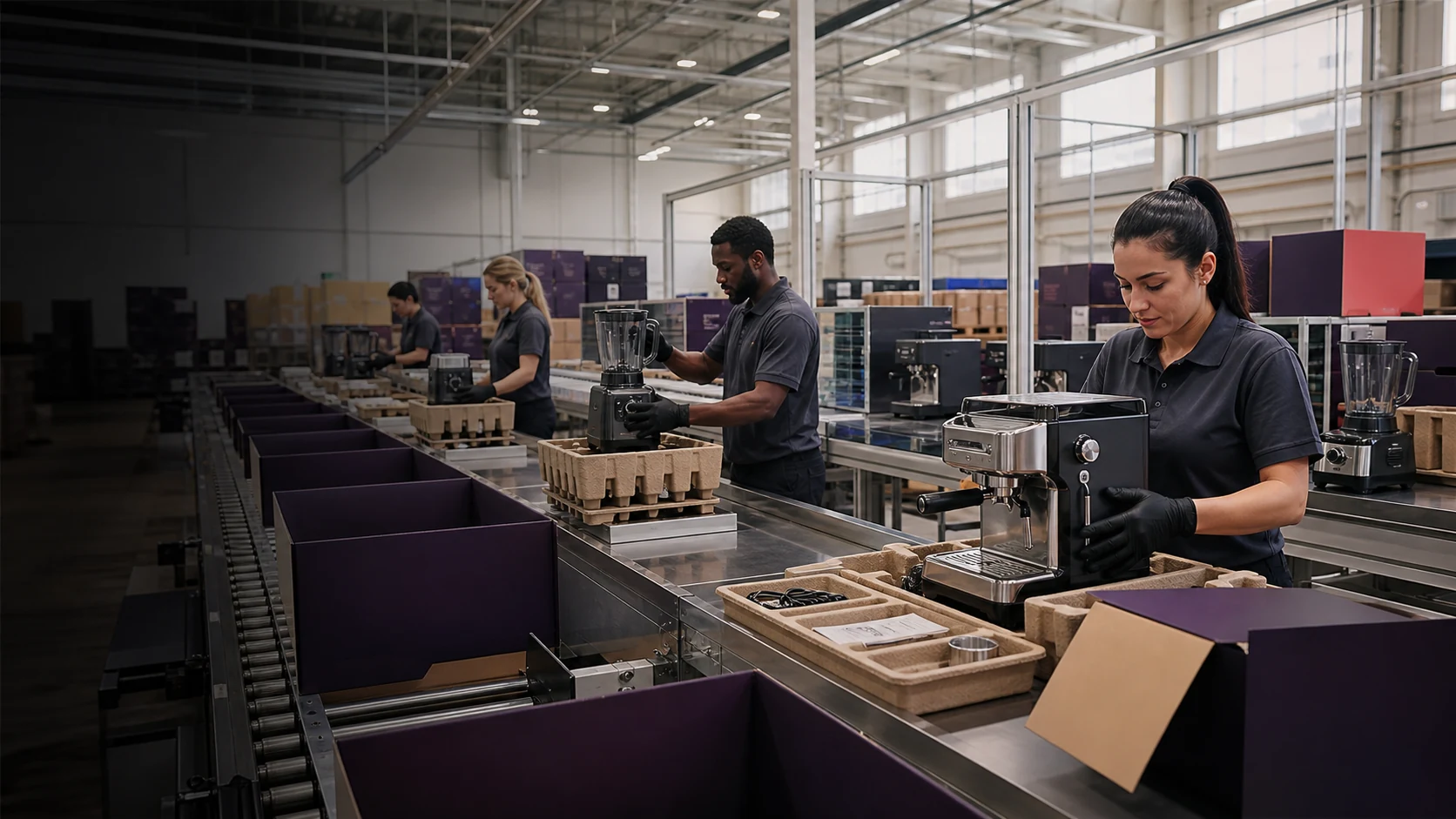 A coordinated production floor packing espresso machines and blenders into retail cartons