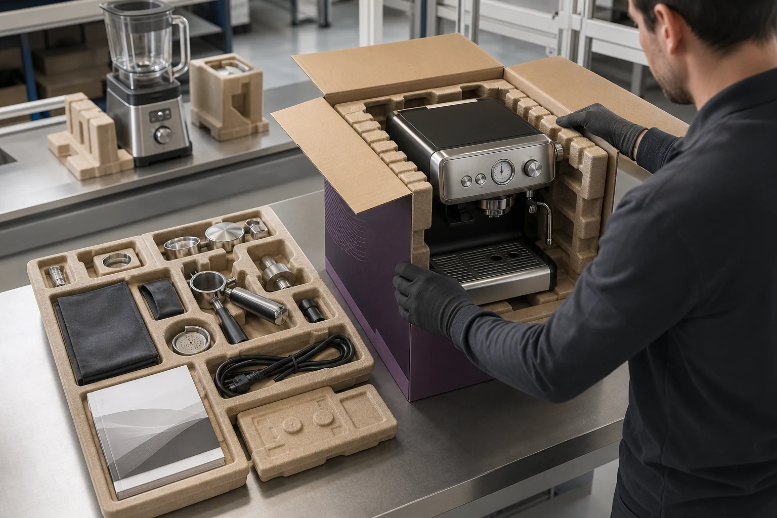 A technician checking an espresso machine and its accessories in molded fiber packaging