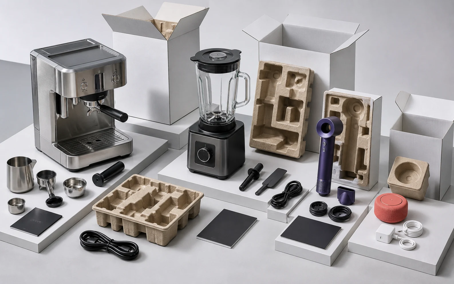Espresso machine, blender, personal-care device, smart-home product, accessories, inserts, and cartons arranged for pack-out